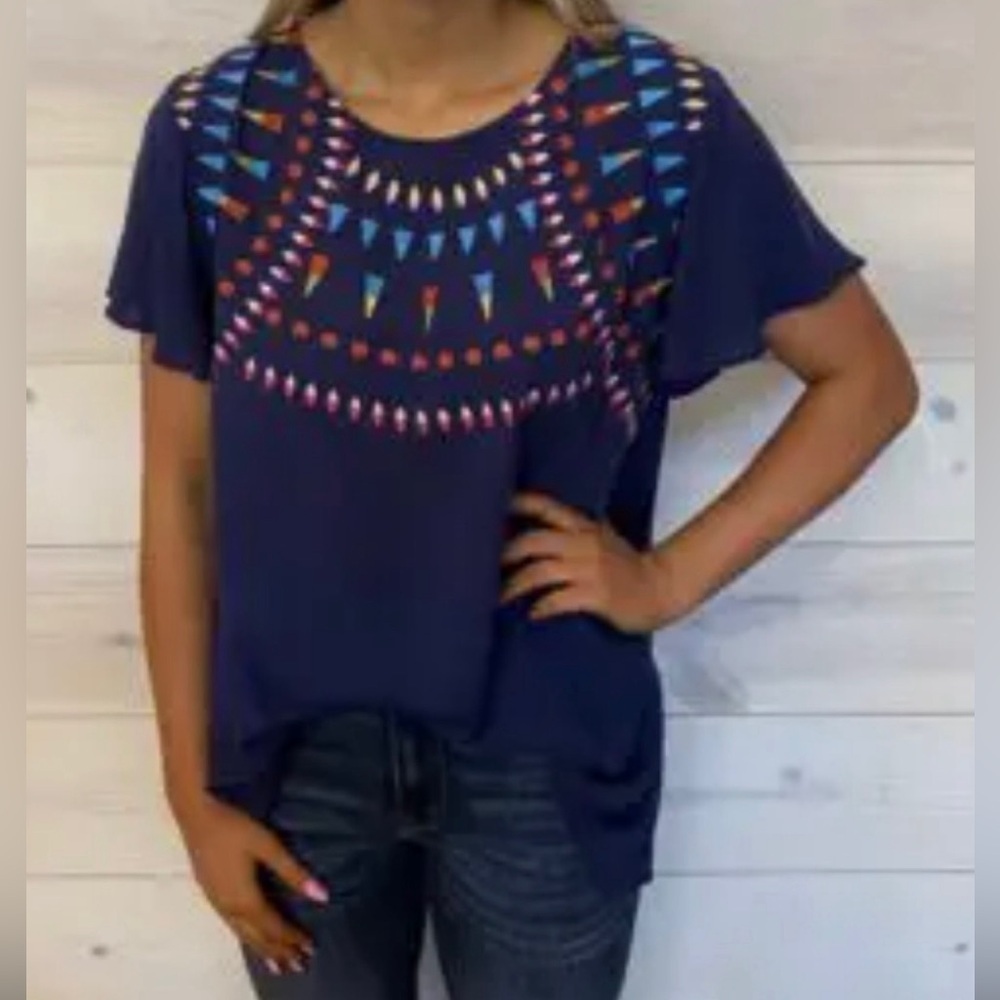 Haptics Navy Blue Blouse with Multicolor Embroidery Women’s  Top - Size Medium